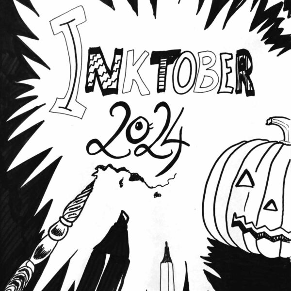 Das Bild beinhaltet einen Illustrierten Schriftzug mit dem Text "Inktober 2024" Der Schriftzug ist umrahtm von schwarzen Zacken auf weißem Grund. Im Vordergrund sind die Zeichnungen von drei Stiften und einem Halloween-Kürbis zu sehen.